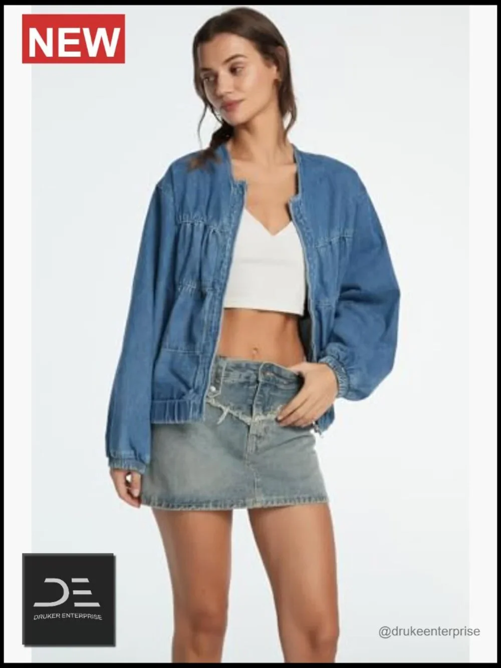 Women Denim Bomber Jacket Collarless Cropped Zip Jean Shirt Jacket Pockets